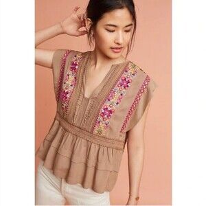 Brown Anthropologie bl^nk London Embroidered Embellished Short Sleeve Top (NWT)